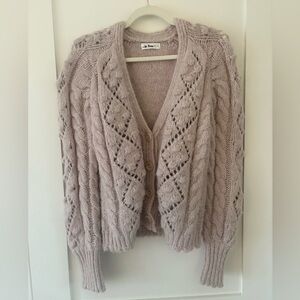 In Loom | Chunky Pointelle Cardigan Sweater in oatmeal pom-pom detail size S/M